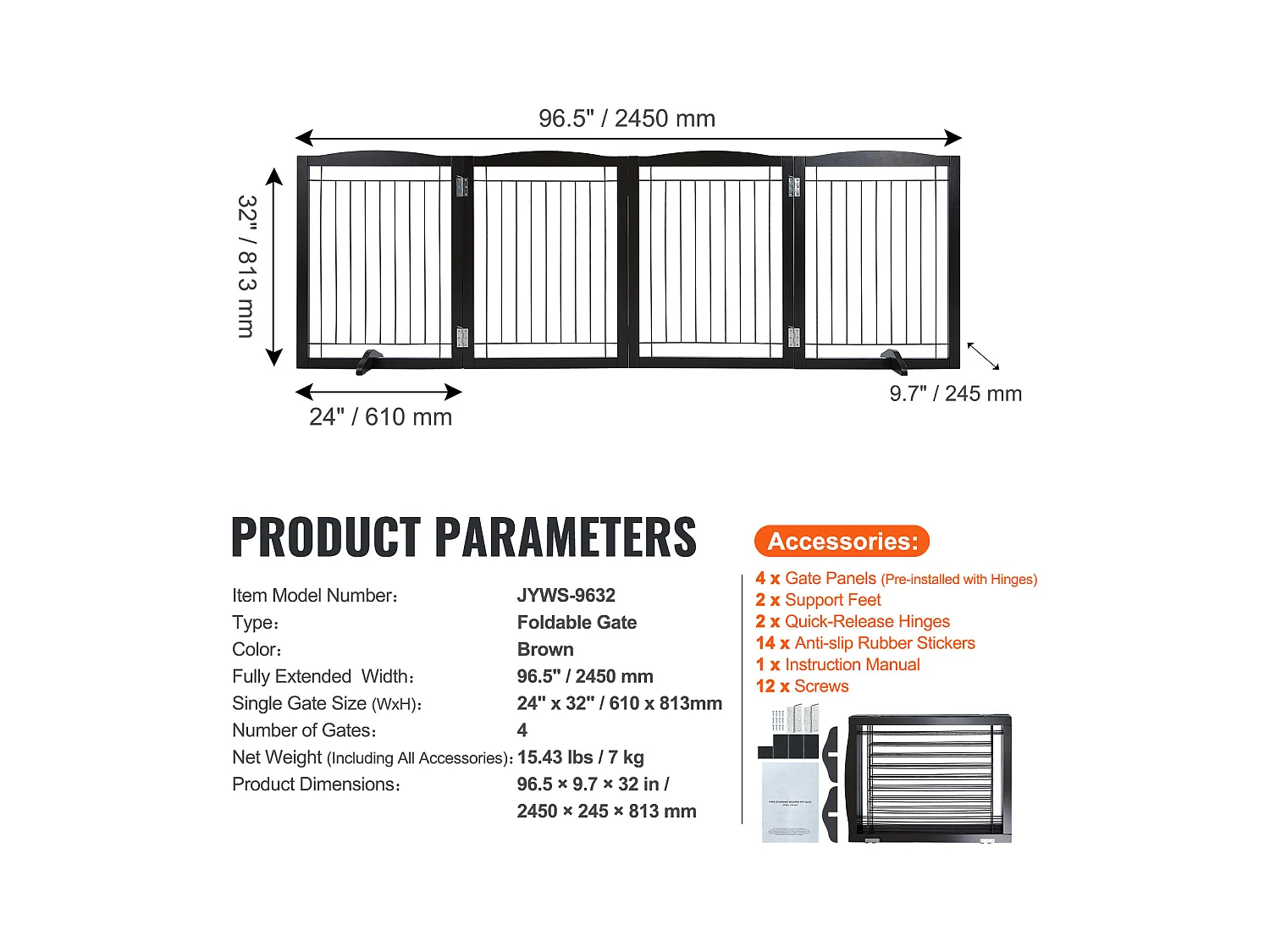 Barrière pour Chien Pliable SucceBuy，81 x 245cm, Autoportante, pour Passages Larges et Étroits, Utilisation Intérieure, Marron