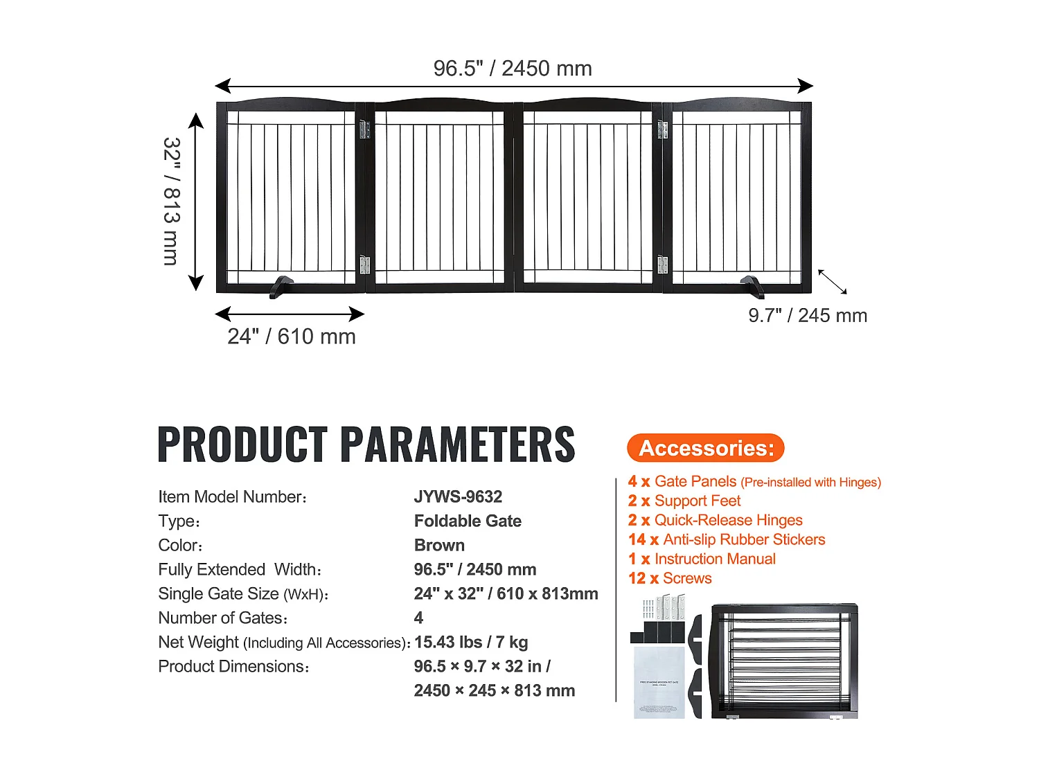 Barrière pour Chien Pliable SucceBuy，81 x 245cm, Autoportante, pour Passages Larges et Étroits, Utilisation Intérieure, Marron