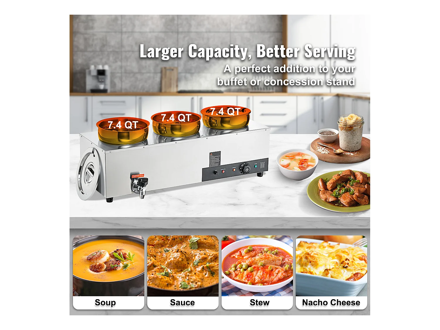 Cuiseur SucceBuy Chauffe-Soupe Commercial avec 3 Pots de 7L pour Conserver leurs Saveurs Chaudes et Délicieuses,Allant de 30 à 85 ℃