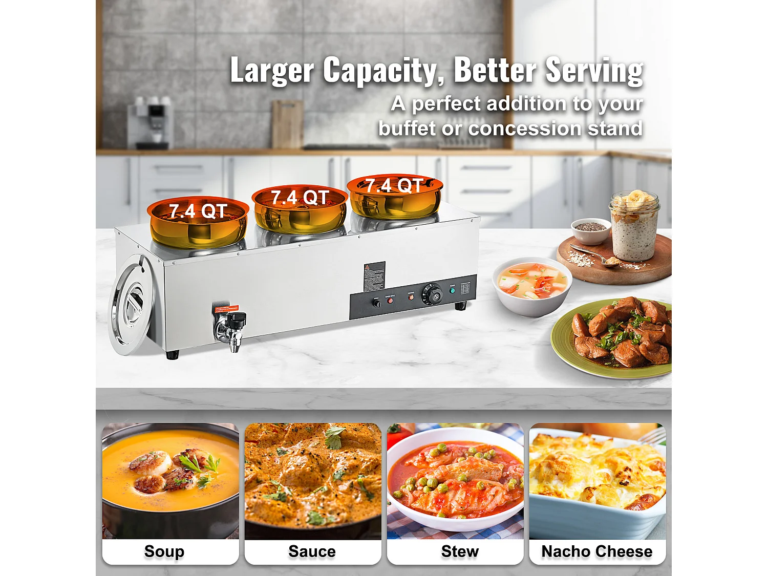 Cuiseur SucceBuy Chauffe-Soupe Commercial avec 3 Pots de 7L pour Conserver leurs Saveurs Chaudes et Délicieuses,Allant de 30 à 85 ℃