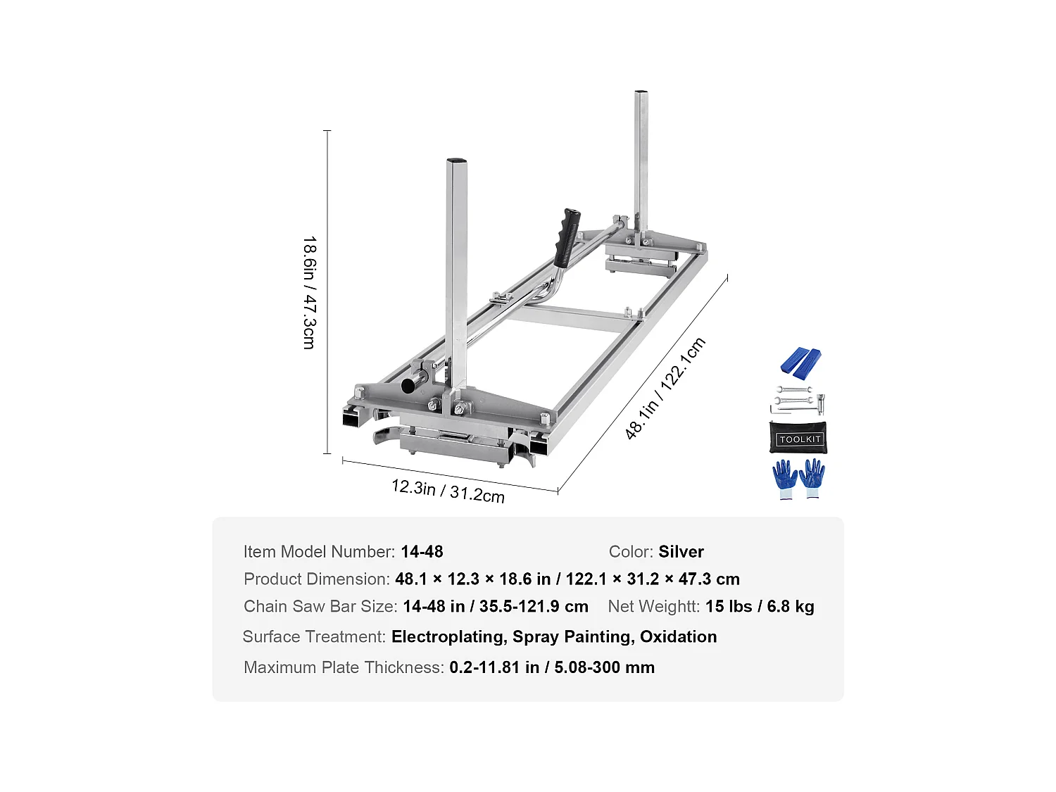 Scie à Chaîne Portative SucceBuy, Guide-Chaîne de 36-122 cm, Épaisseur de Coupe de 0.5-30cm