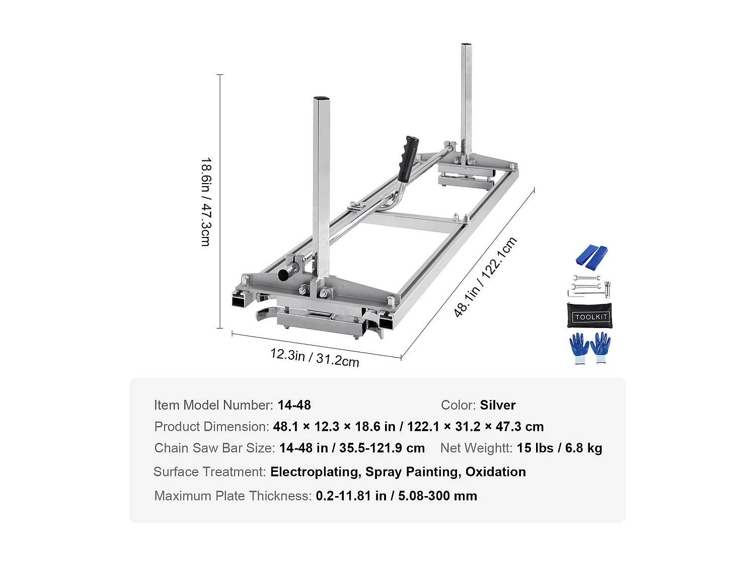 Scie à Chaîne Portative SucceBuy, Guide-Chaîne de 36-122 cm, Épaisseur de Coupe de 0.5-30cm