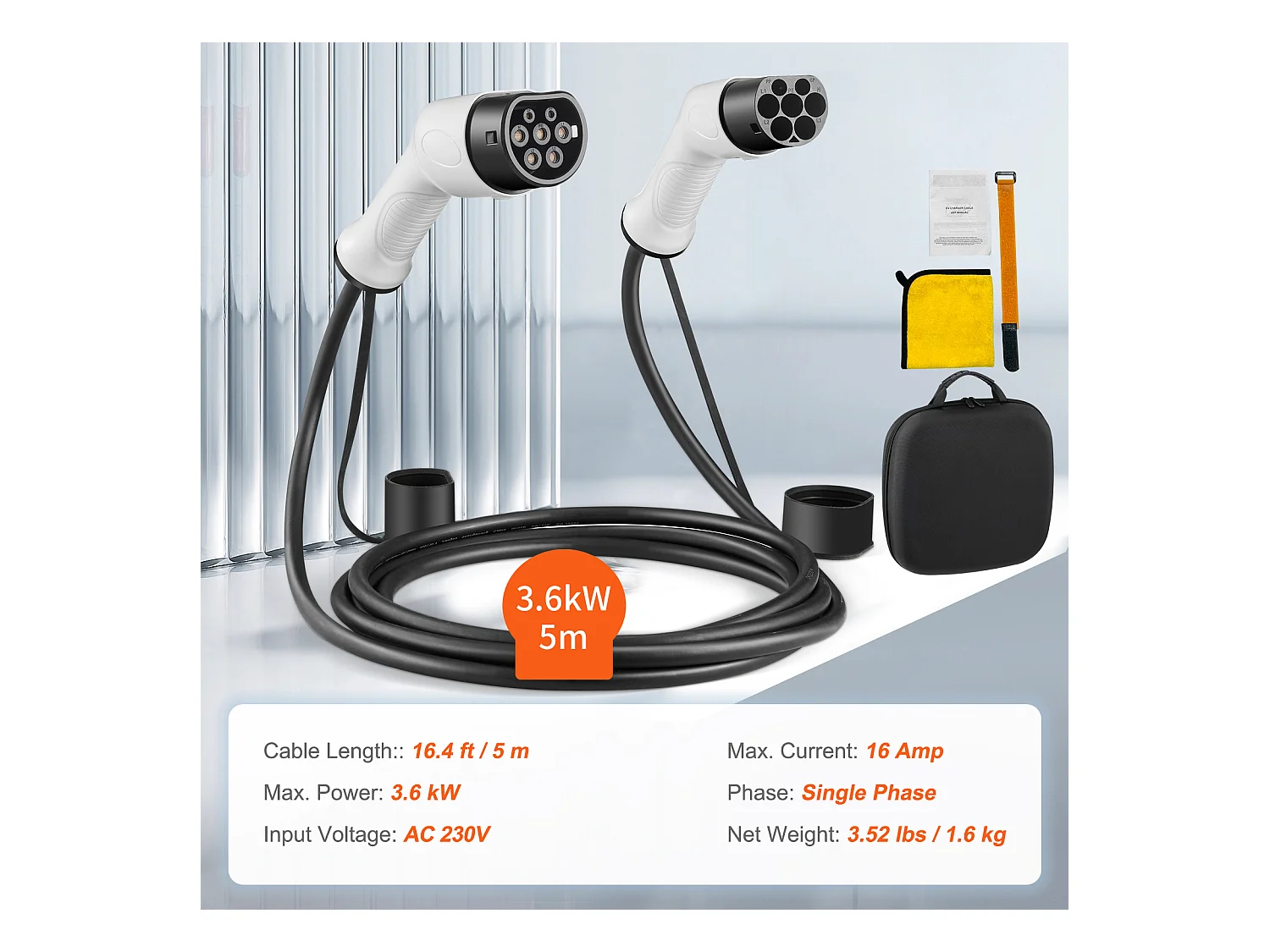 Câble de Charge, SucceBuy Câble de Charge Type 2 EV, 16 A, 50 CM, 3,6 KW, TPU, Câble pour Véhicule É‌lectrique