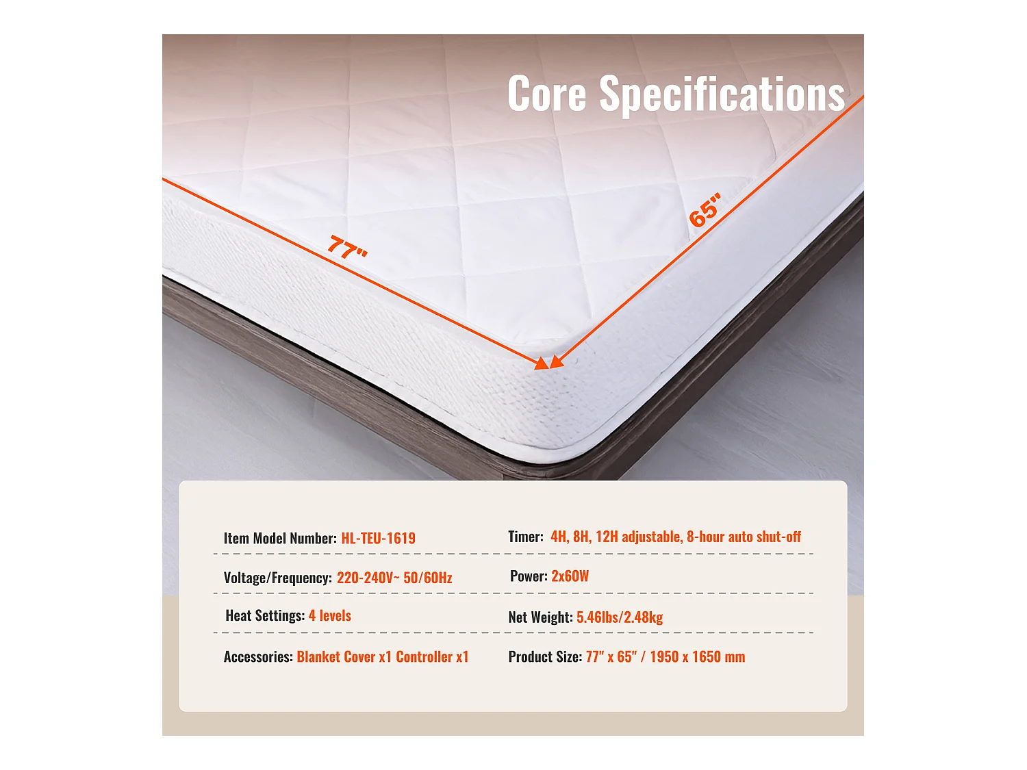 Couverture Chauffante Électrique, SucceBuy Surmatelas Chauffant 195 x 165 cm, Queen, Chauffe-matelas Électrique avec Minuterie