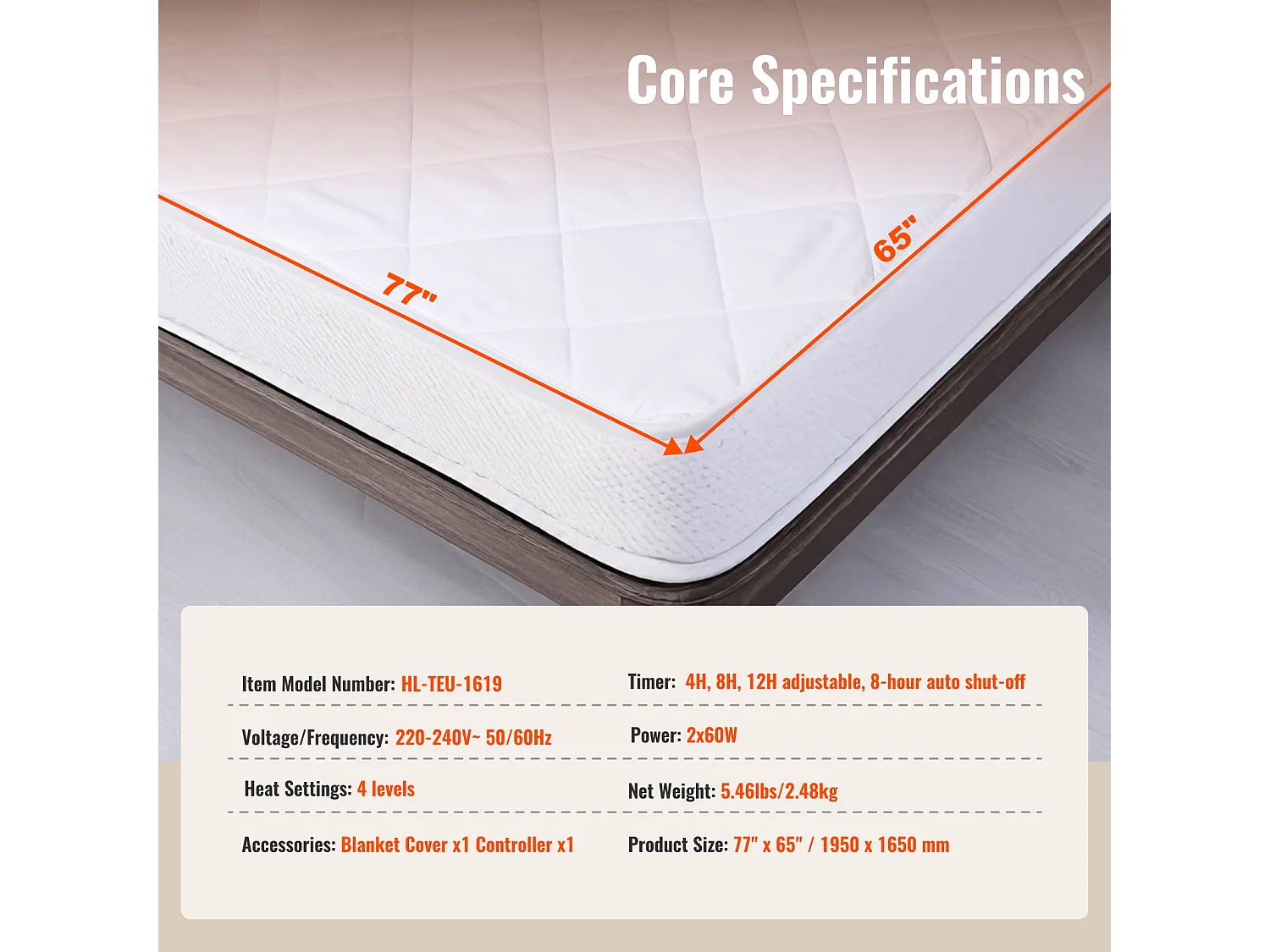 Couverture Chauffante Électrique, SucceBuy Surmatelas Chauffant 195 x 165 cm, Queen, Chauffe-matelas Électrique avec Minuterie