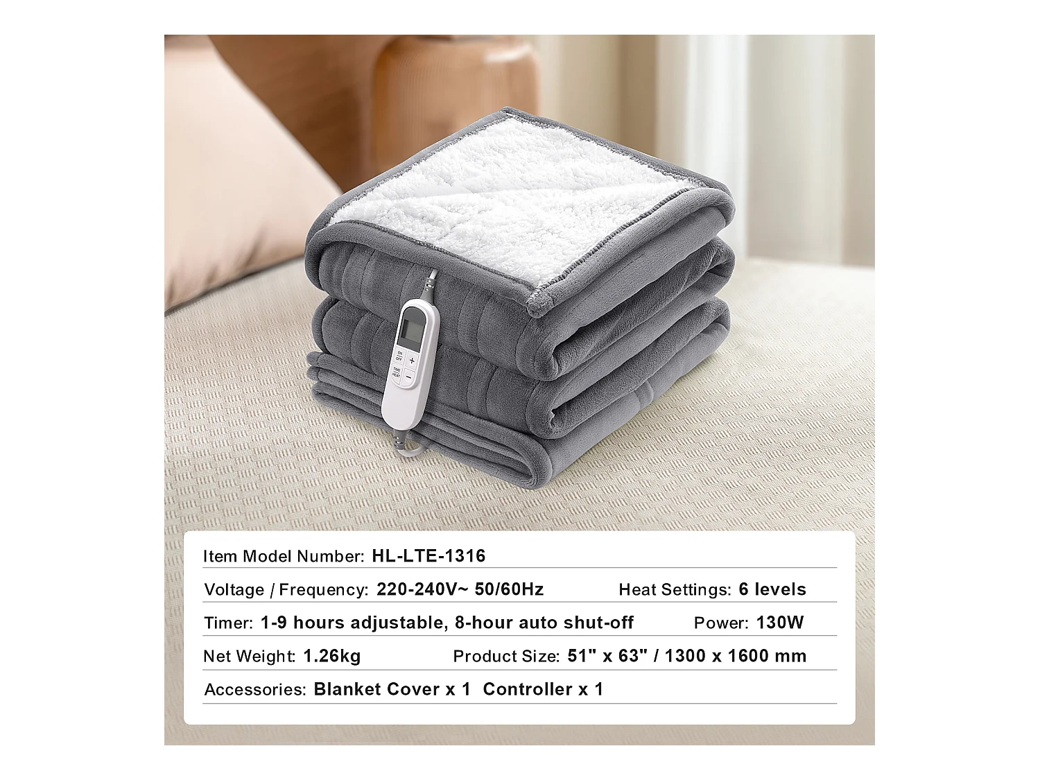 Couverture Chauffante Électrique, SucceBuy Couverture Chauffante 130 x 160 cm en Flanelle Douce pour Cadeau Grand-mère