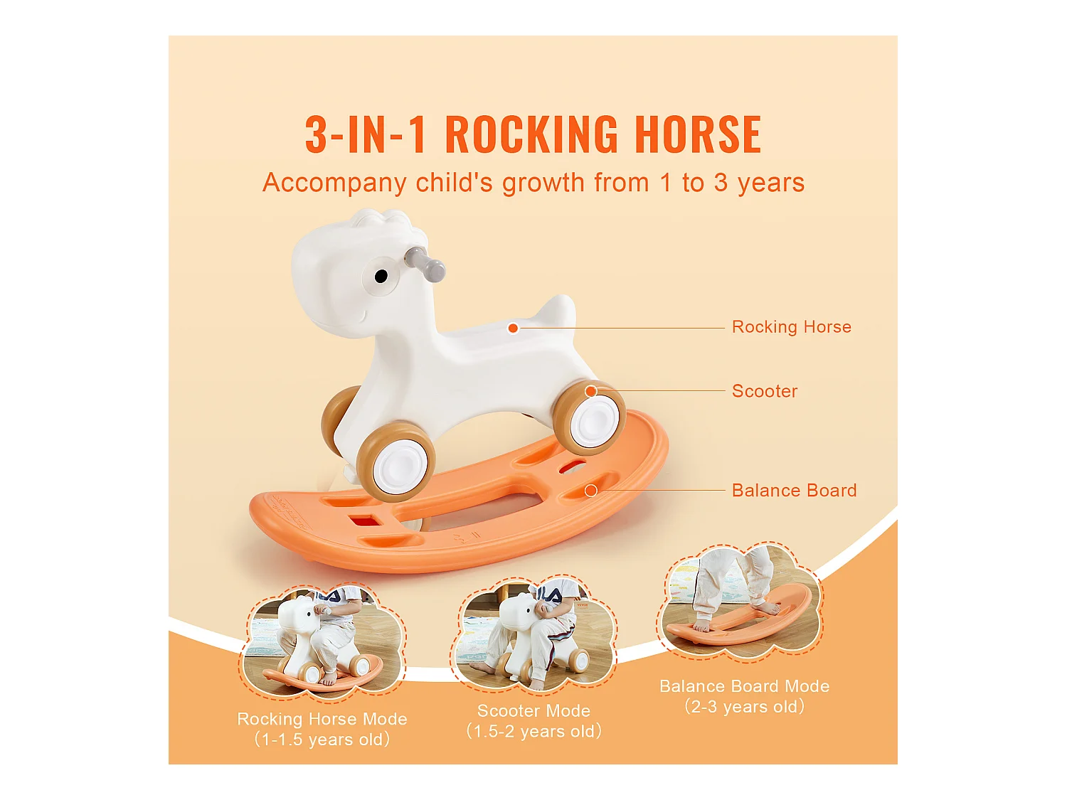 Cheval à Bascule 3 en 1 SucceBuy, pour Tout-petits de 1 à 3 ans, à Chevaucher, Planche, Rouge