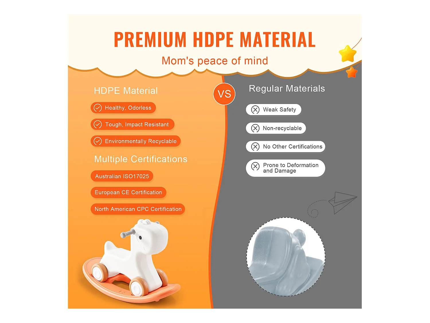 Cheval à Bascule 3 en 1 SucceBuy, pour Tout-petits de 1 à 3 ans, à Chevaucher, Planche, Rouge