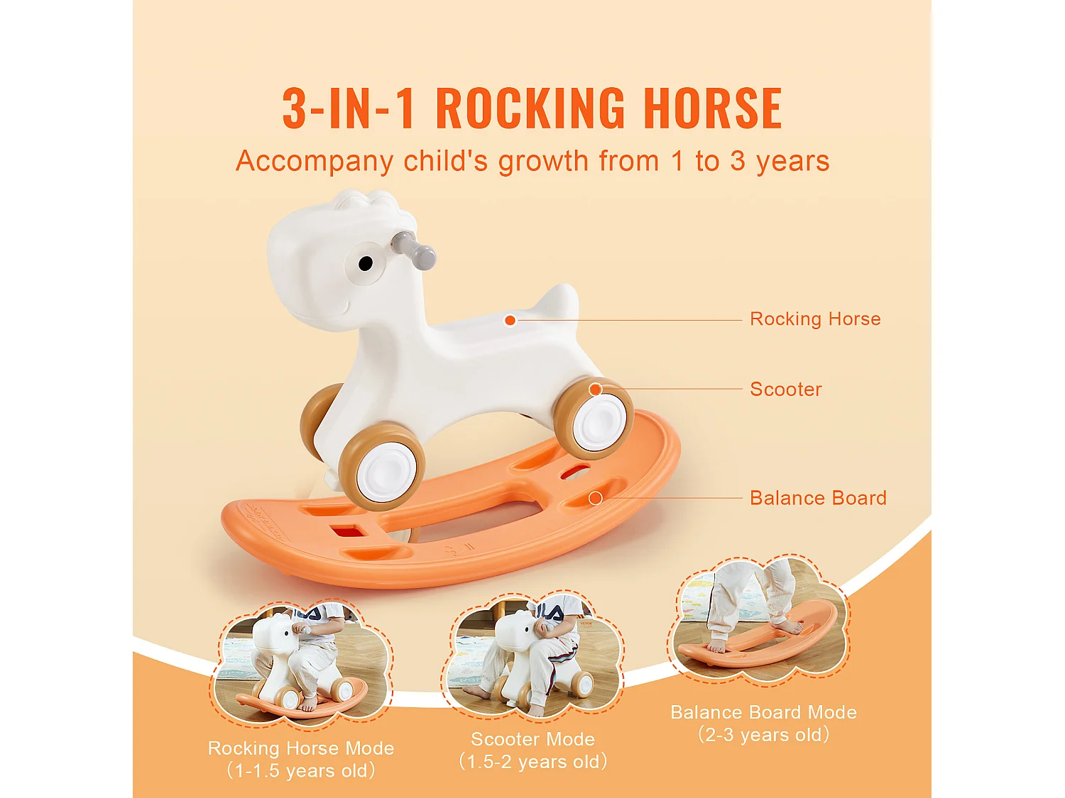 Cheval à Bascule 3 en 1 SucceBuy, pour Tout-petits de 1 à 3 ans, à Chevaucher, Planche, Rouge