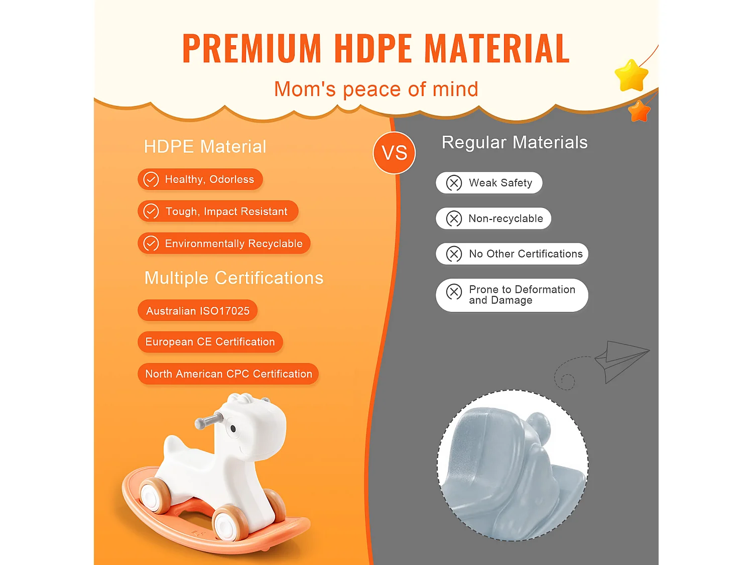 Cheval à Bascule 3 en 1 SucceBuy, pour Tout-petits de 1 à 3 ans, à Chevaucher, Planche, Rouge