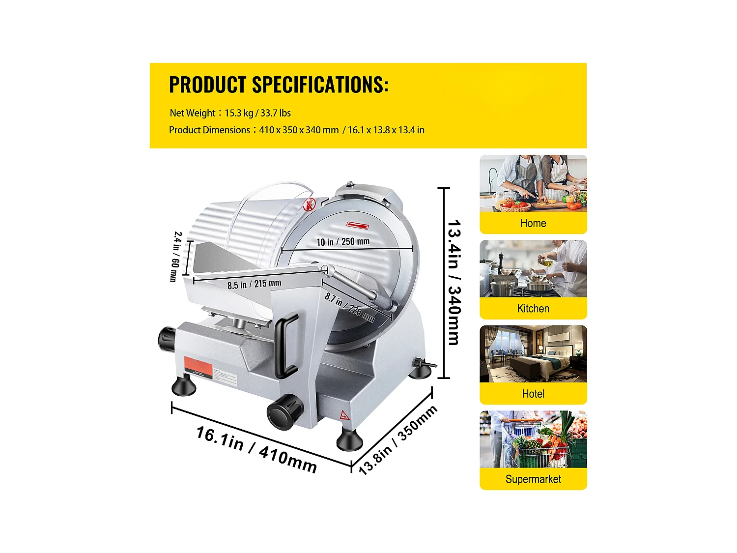 Trancheur SucceBuy Trancheuse à Viande Électrique Commerciale, Lame de 25.4 CM, 240 W, 350-400 Tr/Min