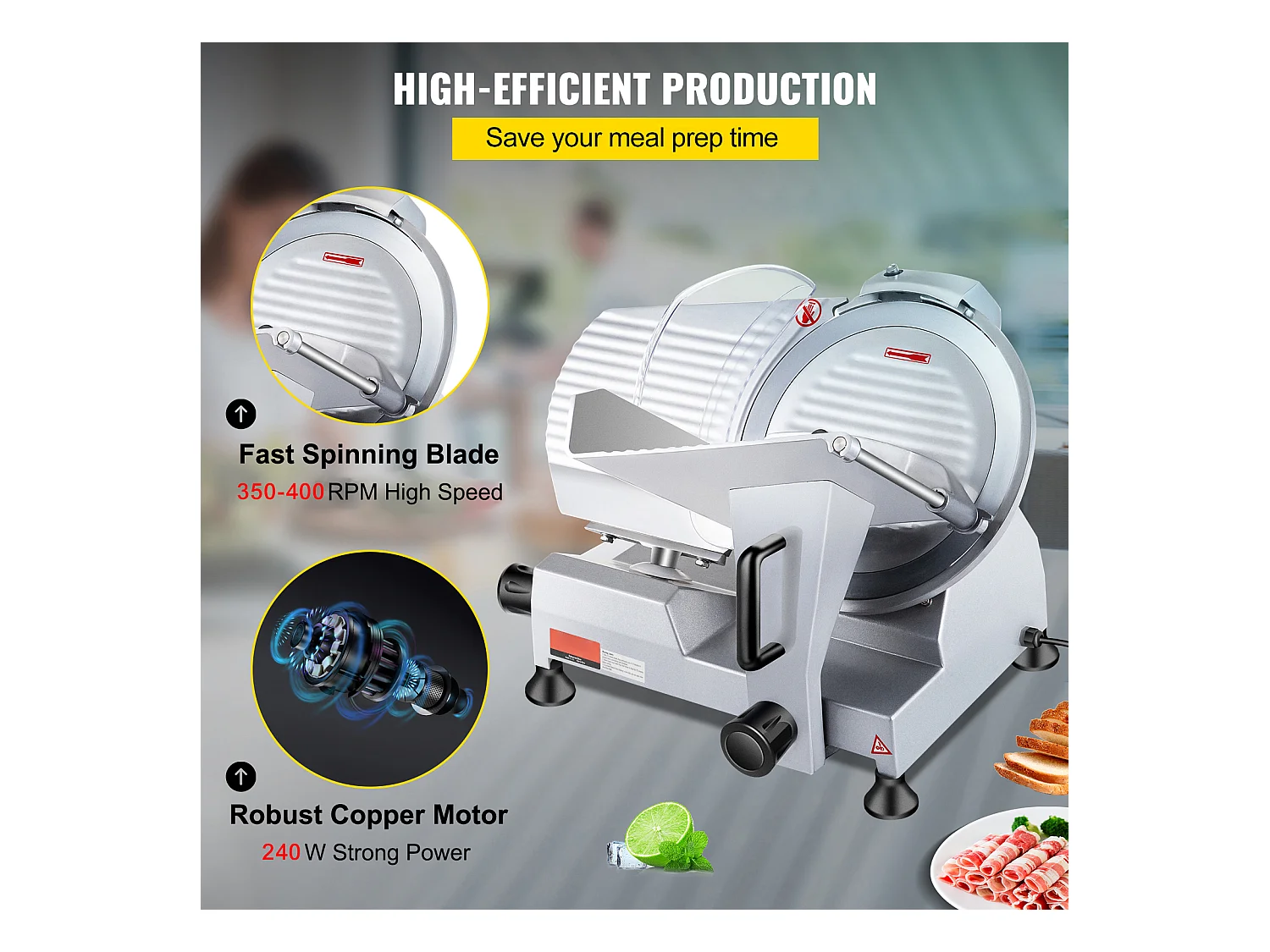 Trancheur SucceBuy Trancheuse à Viande Électrique Commerciale, Lame de 25.4 CM, 240 W, 350-400 Tr/Min