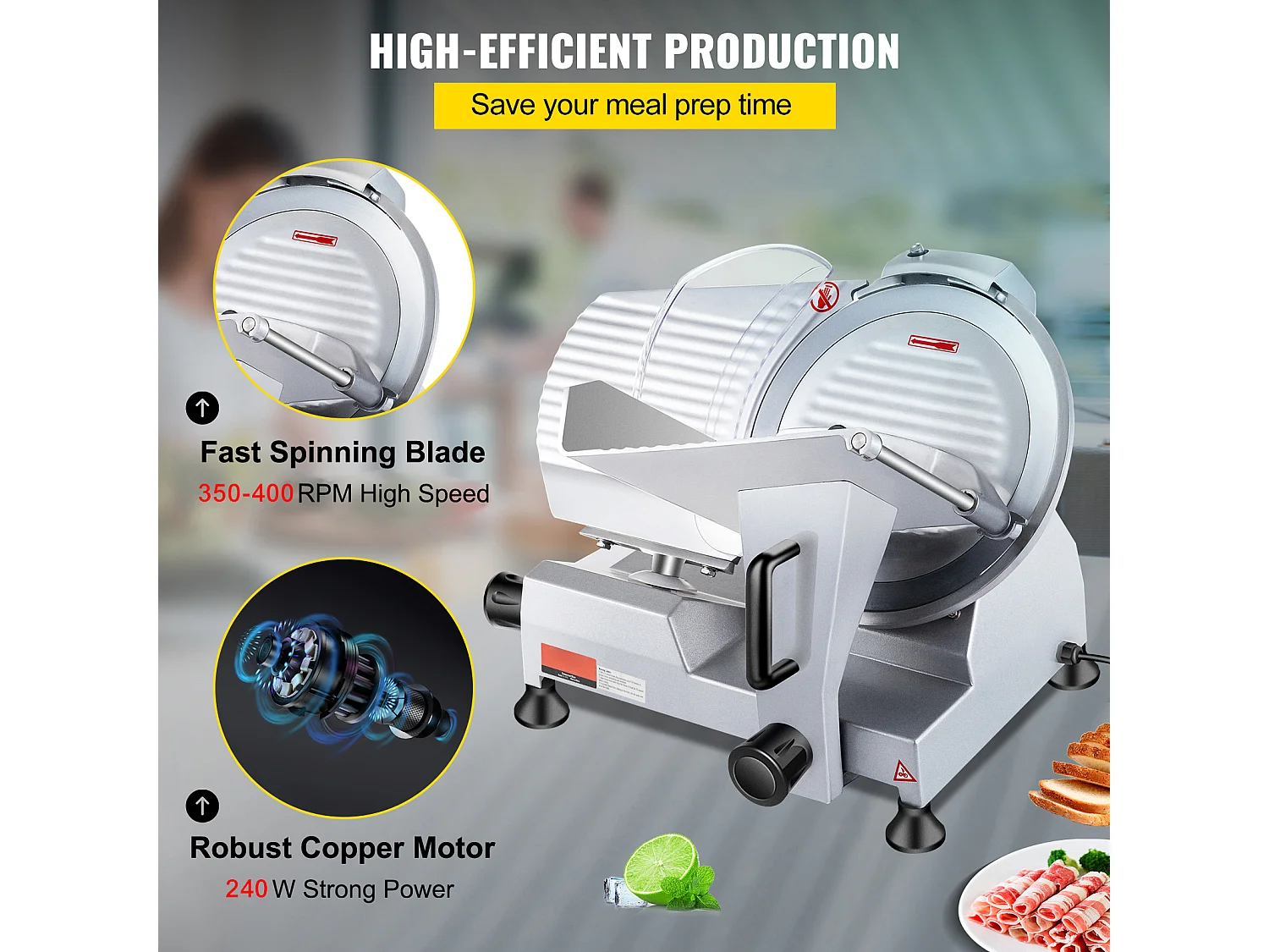 Trancheur SucceBuy Trancheuse à Viande Électrique Commerciale, Lame de 25.4 CM, 240 W, 350-400 Tr/Min