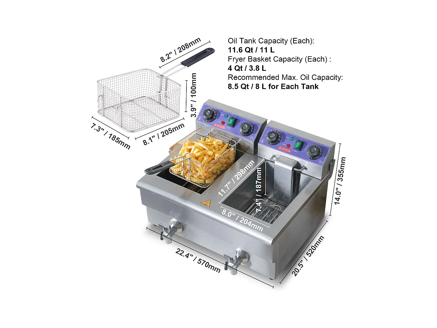Friteuse Commerciale SucceBuy, 6 000 W, à Poser sur un Comptoir, Deux Cuves