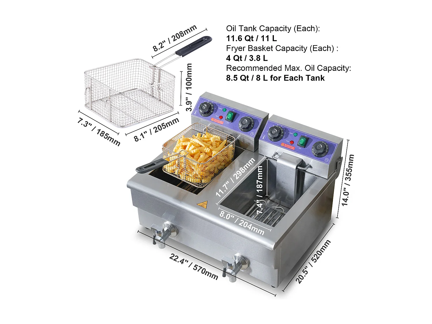 Friteuse Commerciale SucceBuy, 6 000 W, à Poser sur un Comptoir, Deux Cuves