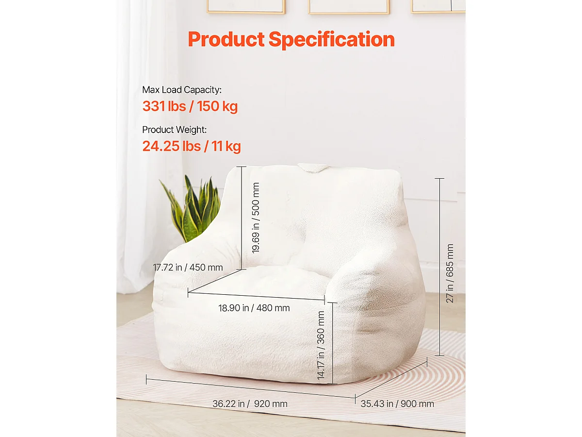 Poltrona a Sacco, SucceBuy a 3 Gambe con Braccioli e Tasca, Bianca