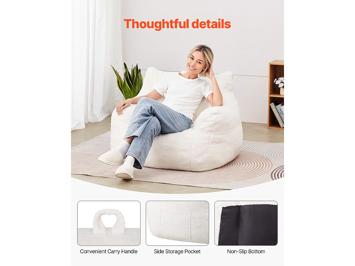 Poltrona a Sacco, SucceBuy a 3 Gambe con Braccioli e Tasca, Bianca