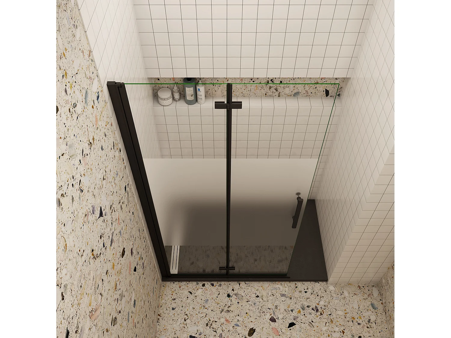 Douchewand-Inloopdouche vouwdeur 75x195cm met matte folie middelban 6mm NANO veiligheidsglas mat zwart profiel