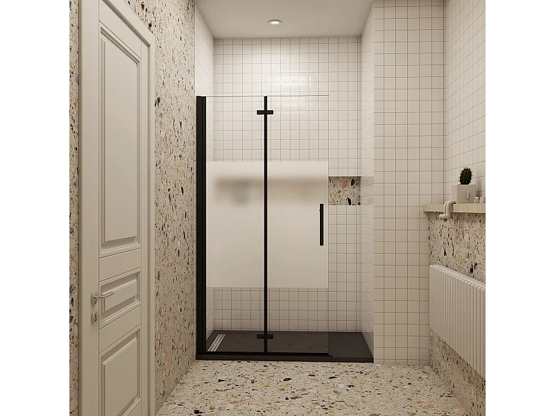 Douchewand-Inloopdouche vouwdeur 75x195cm met matte folie middelban 6mm NANO veiligheidsglas mat zwart profiel