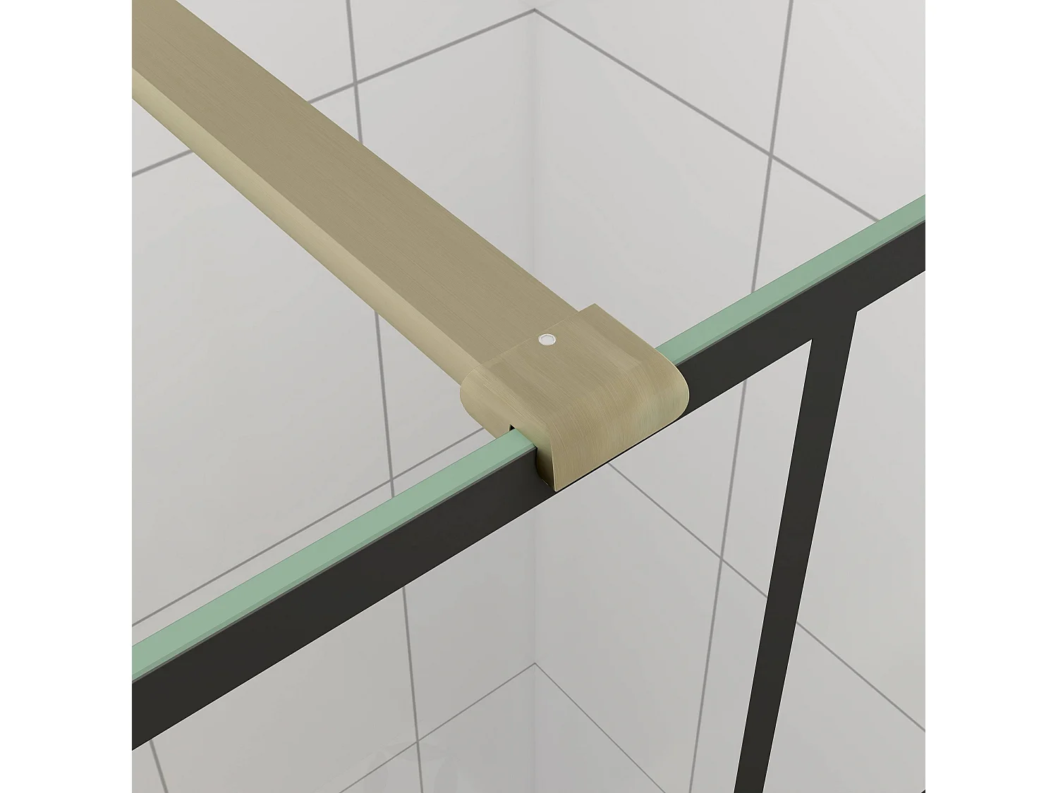 Douchewand-Inloopdouche 90x200cm met mat Zwart kader en raster 8mm NANO EasyClean veiligheidsglas gouden profiel N-Form 140cm Stabilisatiestang