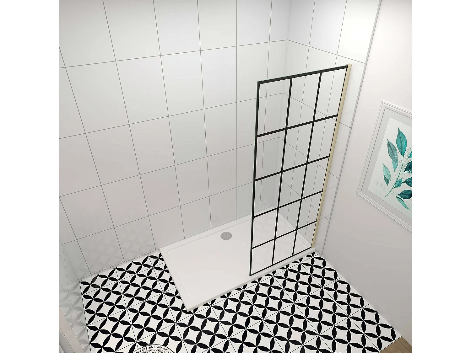 Douchewand-Inloopdouche 90x200cm met mat Zwart kader en raster 8mm NANO EasyClean veiligheidsglas gouden profiel zonder Stabilisatiestang