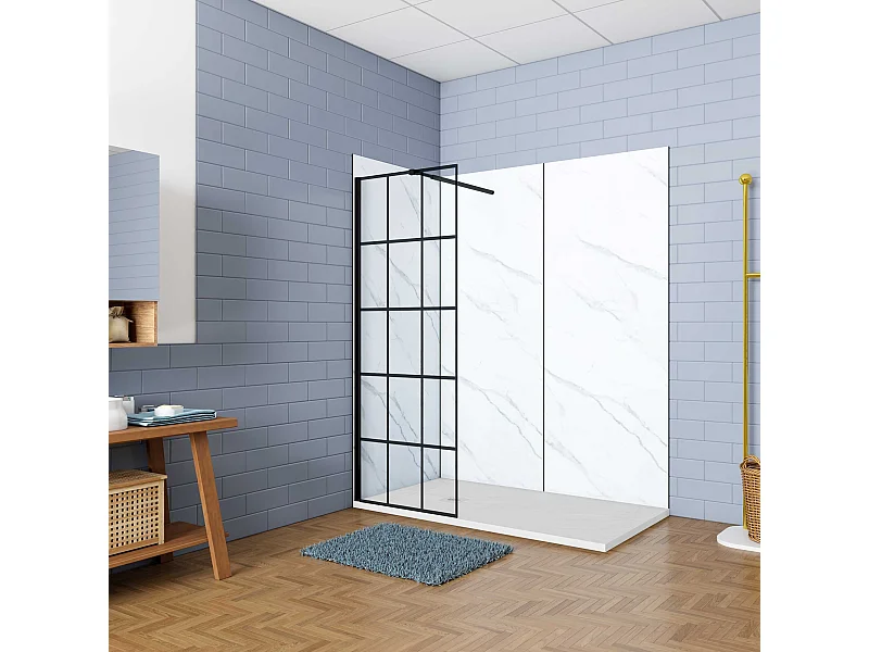 Douchewand-Inloopdouche 120x200cm met mat Zwart kader en raster 8mm NANO EasyClean veiligheidsglas mat zwart profiel Stabilisatiestang 73-120 cm