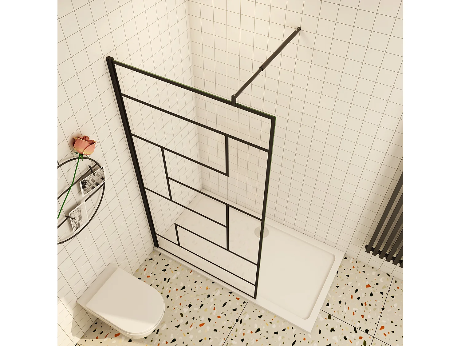 Douchewand-Inloopdouche 140x200cm 8mm NANO Easyclean zwart raster gezeefdrukt gehard glas mat zwart profiel 70-120cm stabilisatiestang(inkortbaar)