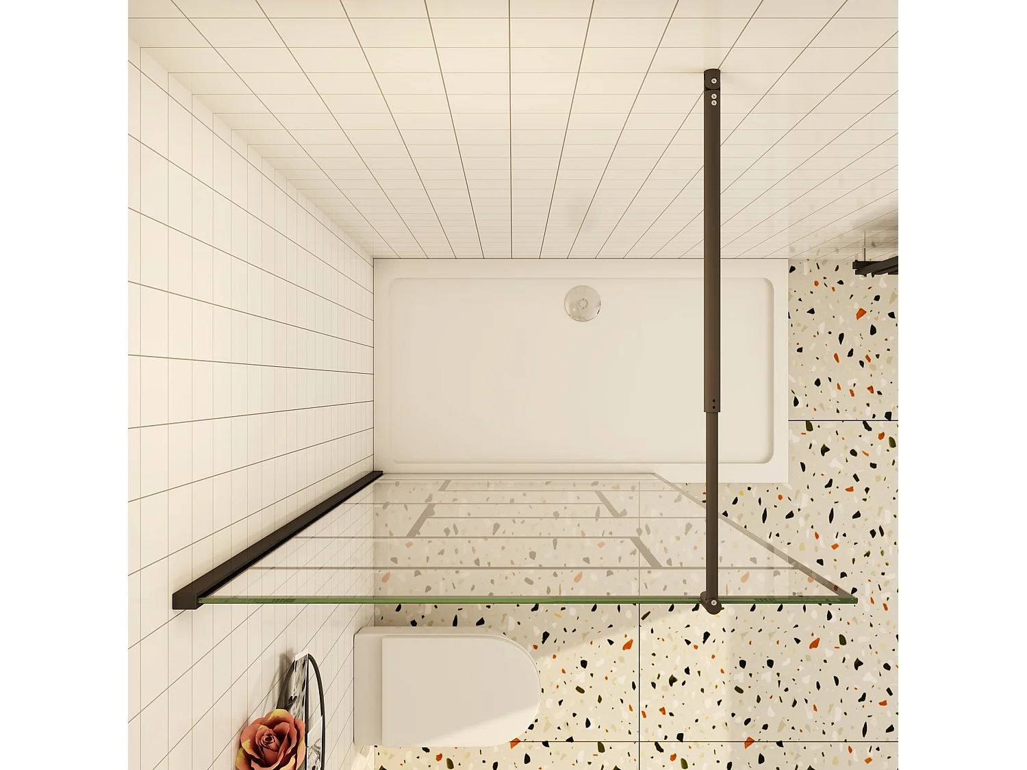 Douchewand-Inloopdouche 140x200cm 8mm NANO Easyclean zwart raster gezeefdrukt gehard glas mat zwart profiel 70-120cm stabilisatiestang(inkortbaar)