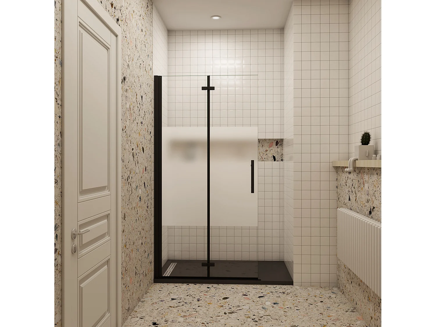 Douchewand-Inloopdouche vouwdeur 115x195cm met matte folie middelban 6mm NANO veiligheidsglas mat zwart profiel