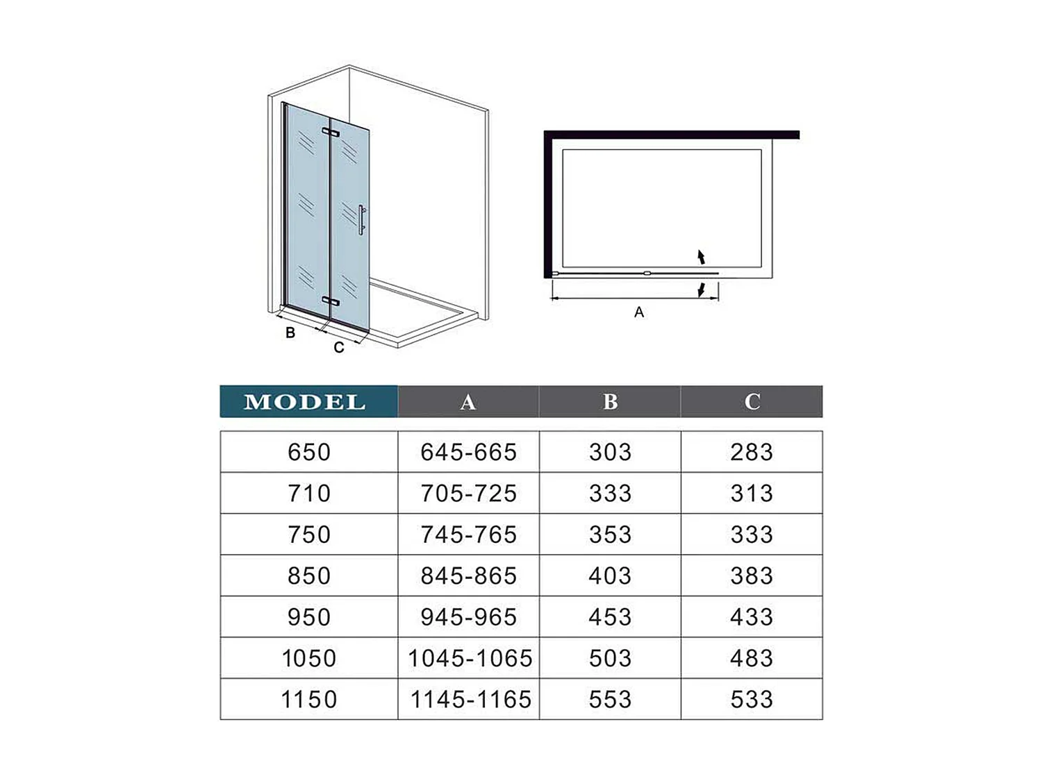 Douchewand-Inloopdouche vouwdeur 115x195cm met matte folie middelban 6mm NANO veiligheidsglas mat zwart profiel