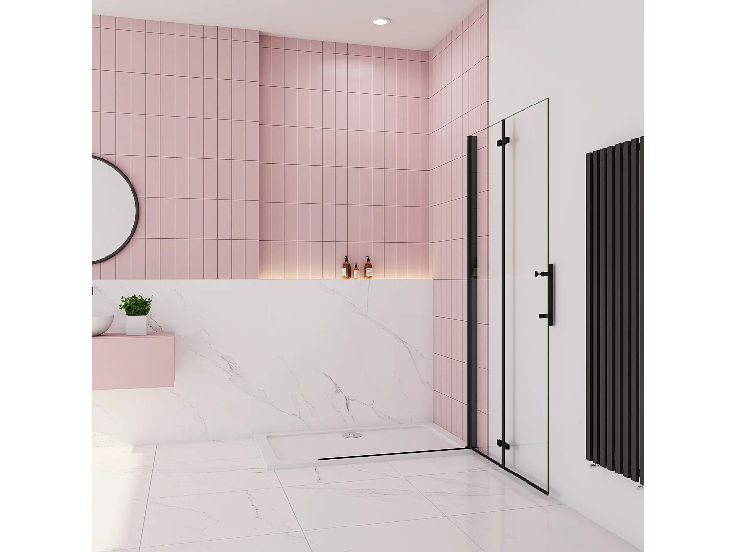 Douchewand-Inloopdouche 90x195cm 2 delig inklapbaar douchedeur 6mm NANO EasyClean veiligheidsglas mat zwart profiel