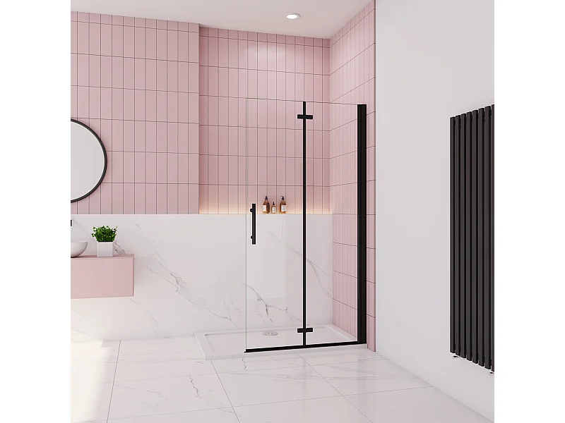 Douchewand-Inloopdouche 90x195cm 2 delig inklapbaar douchedeur 6mm NANO EasyClean veiligheidsglas mat zwart profiel