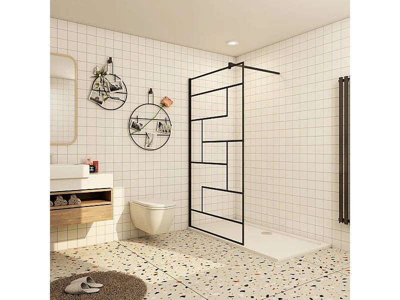 Douchewand-Inloopdouche 140x200cm 8mm NANO Easyclean zwart raster gezeefdrukt glas mat zwart profiel 140cm stabilisatiestang(kan worden gesneden)