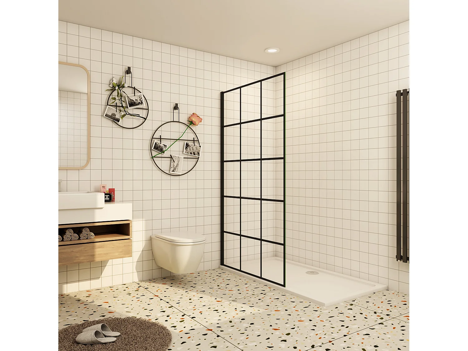 Douchewand-Inloopdouche 80x200cm met mat Zwart kader en raster 8mm NANO EasyClean veiligheidsglas mat zwart profiel zonder Stabilisatiestang