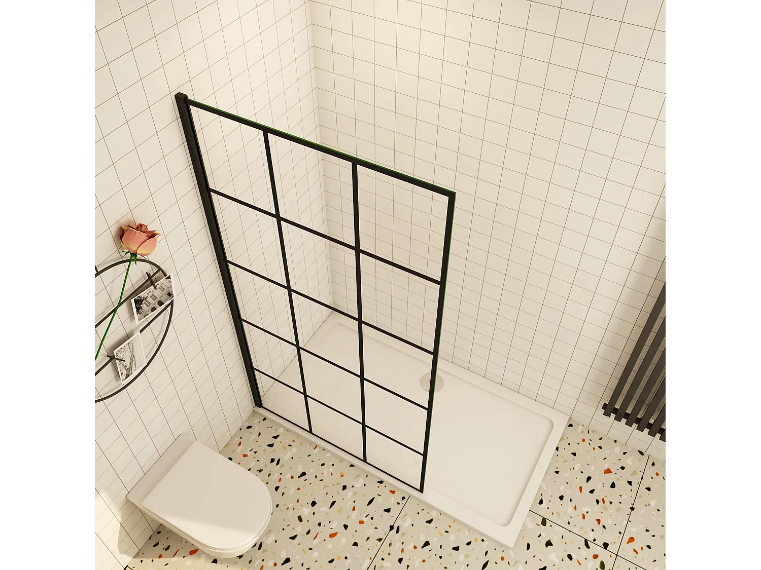 Douchewand-Inloopdouche 80x200cm met mat Zwart kader en raster 8mm NANO EasyClean veiligheidsglas mat zwart profiel zonder Stabilisatiestang