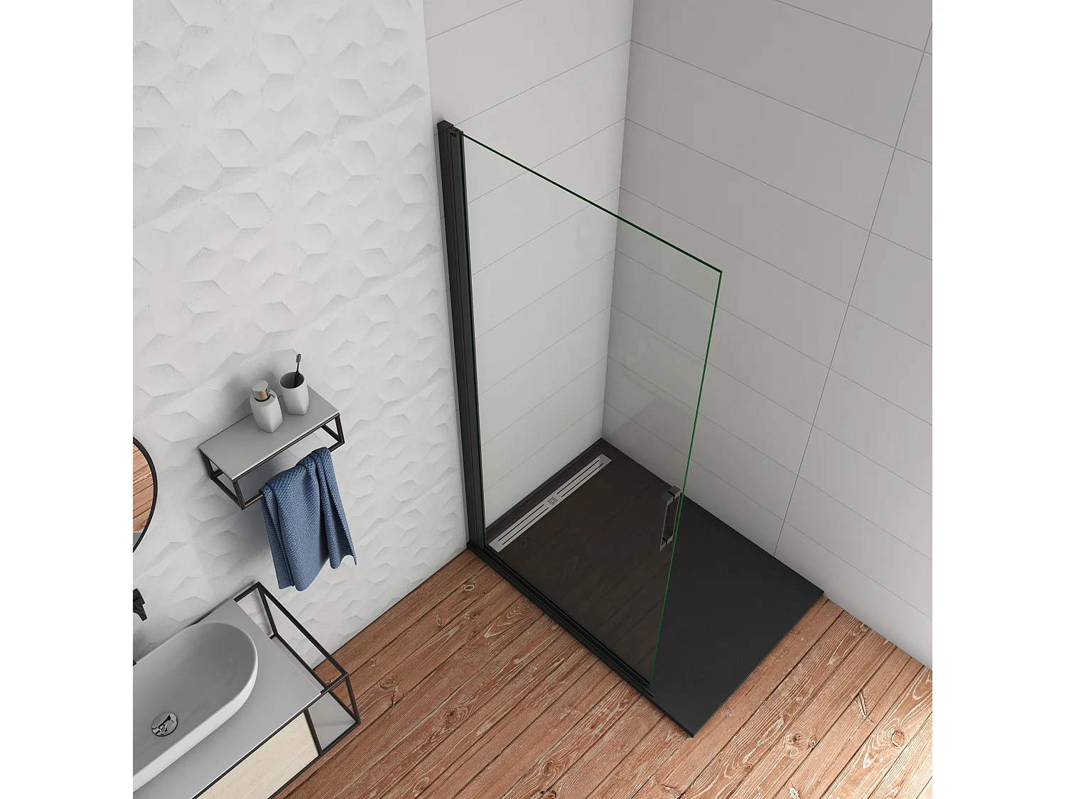 Douchewand-Inloopdouche draaideur 86x200cm 8mm veiligheidsglas NANO EasyClean mat zwart profiel