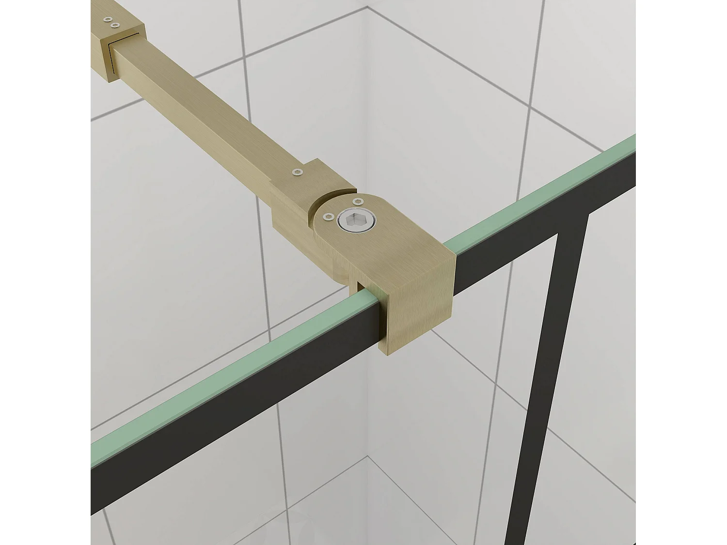 Douchewand-Inloopdouche 140x200cm met mat Zwart kader en raster 8mm NANO EasyClean veiligheidsglas gouden profiel Stabilisatiestang 73-120 cm