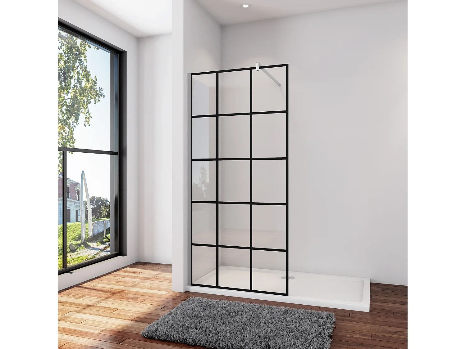 Douchewand-Inloopdouche 140x200cm met mat Zwart kader en raster 8mm NANO EasyClean veiligheidsglas F-Form 140cm Stabilisatiestang