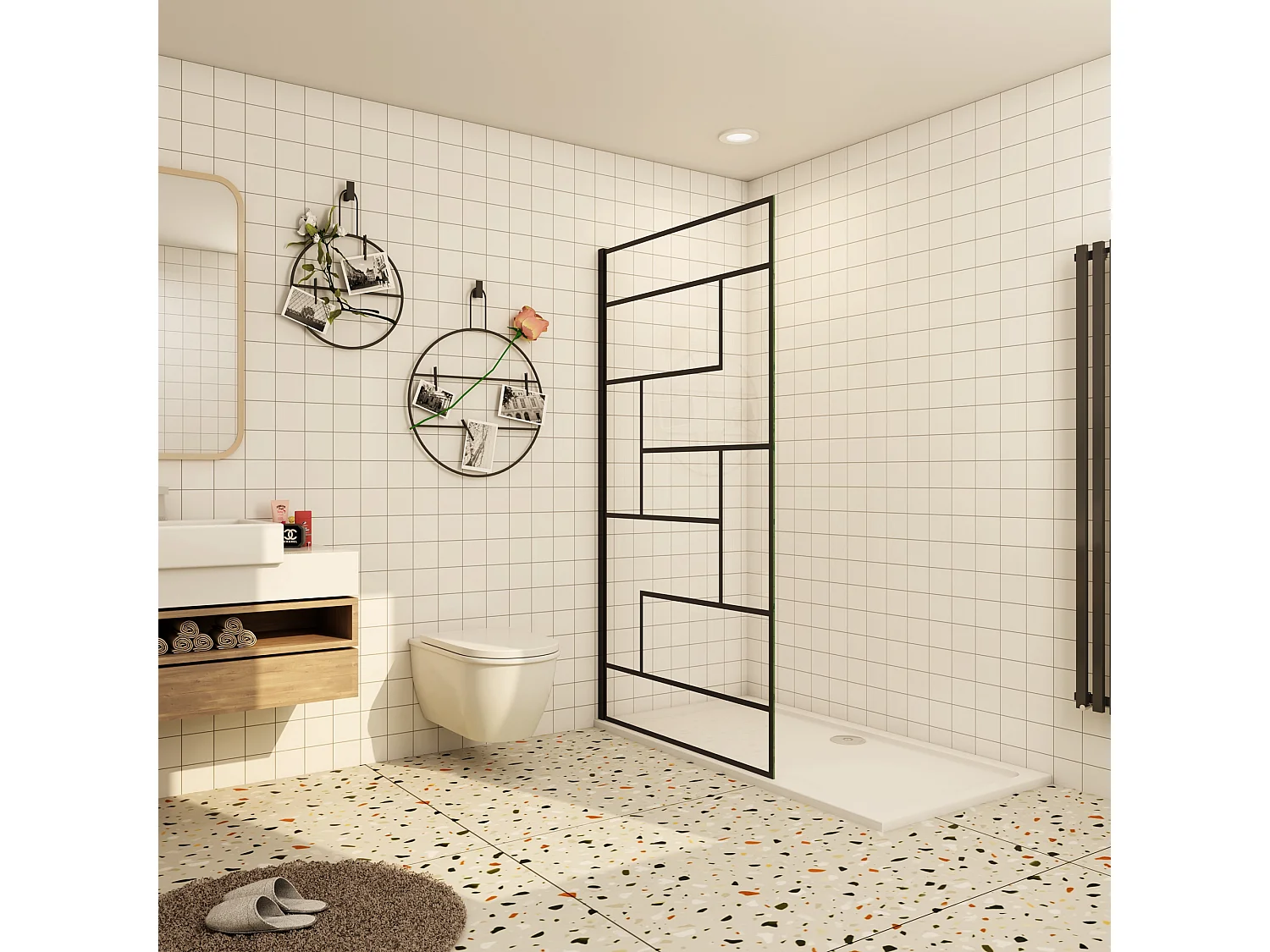 Douchewand-Inloopdouche 80x200cm 8mm NANO Easyclean zwart raster gezeefdrukt gehard glas mat zwart profiel zonder stabilisatiestang