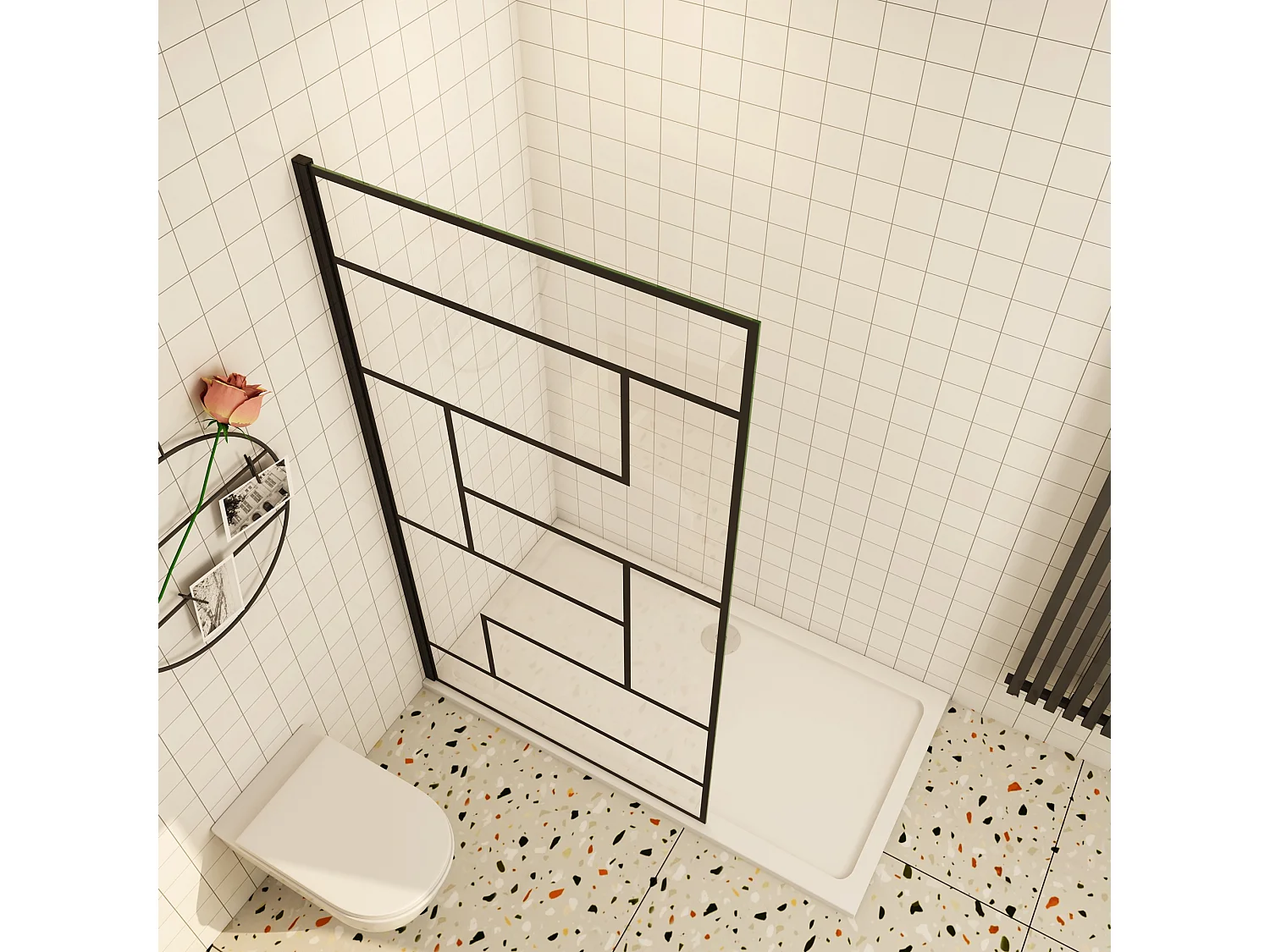 Douchewand-Inloopdouche 80x200cm 8mm NANO Easyclean zwart raster gezeefdrukt gehard glas mat zwart profiel zonder stabilisatiestang