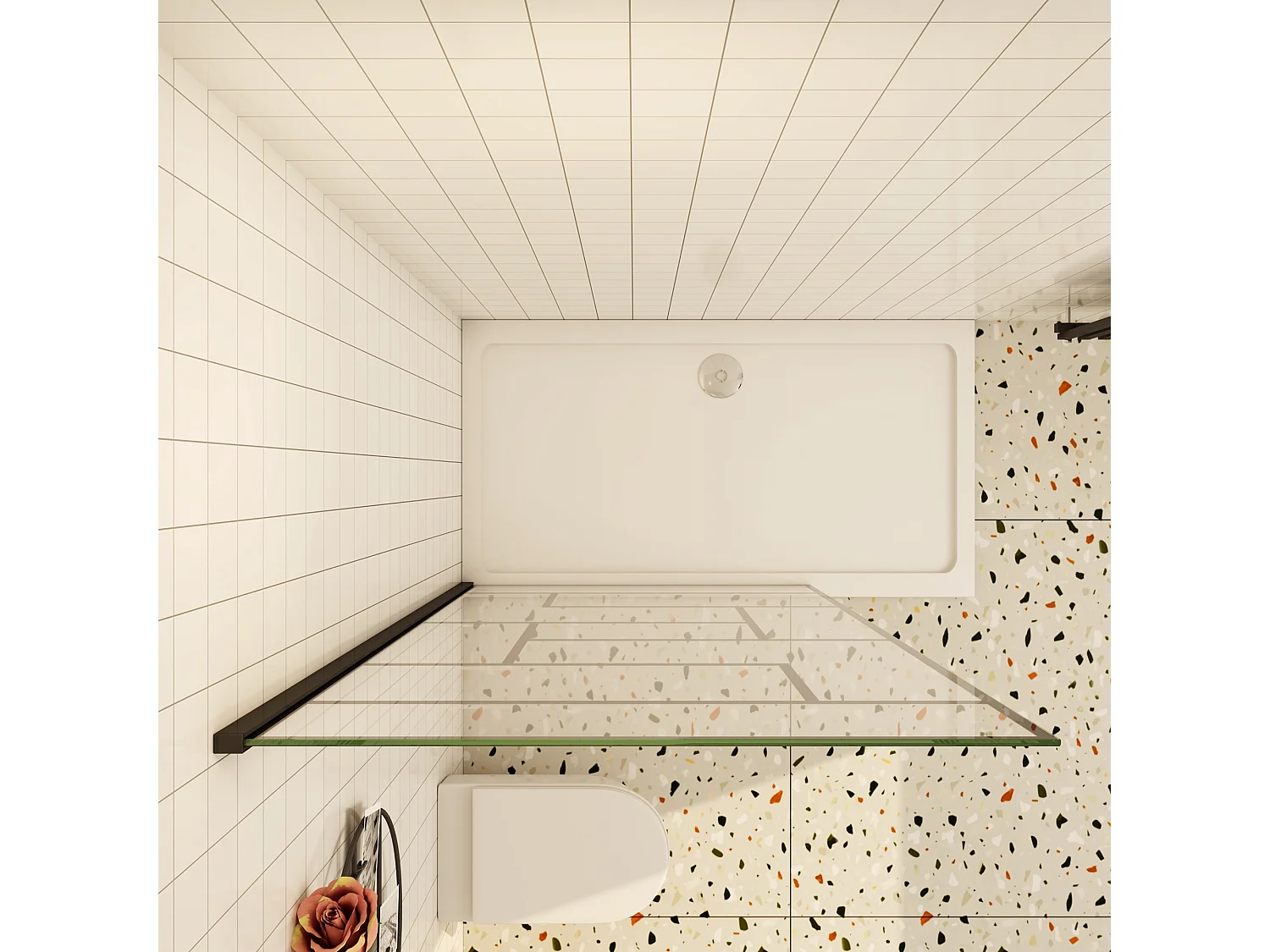 Douchewand-Inloopdouche 80x200cm 8mm NANO Easyclean zwart raster gezeefdrukt gehard glas mat zwart profiel zonder stabilisatiestang