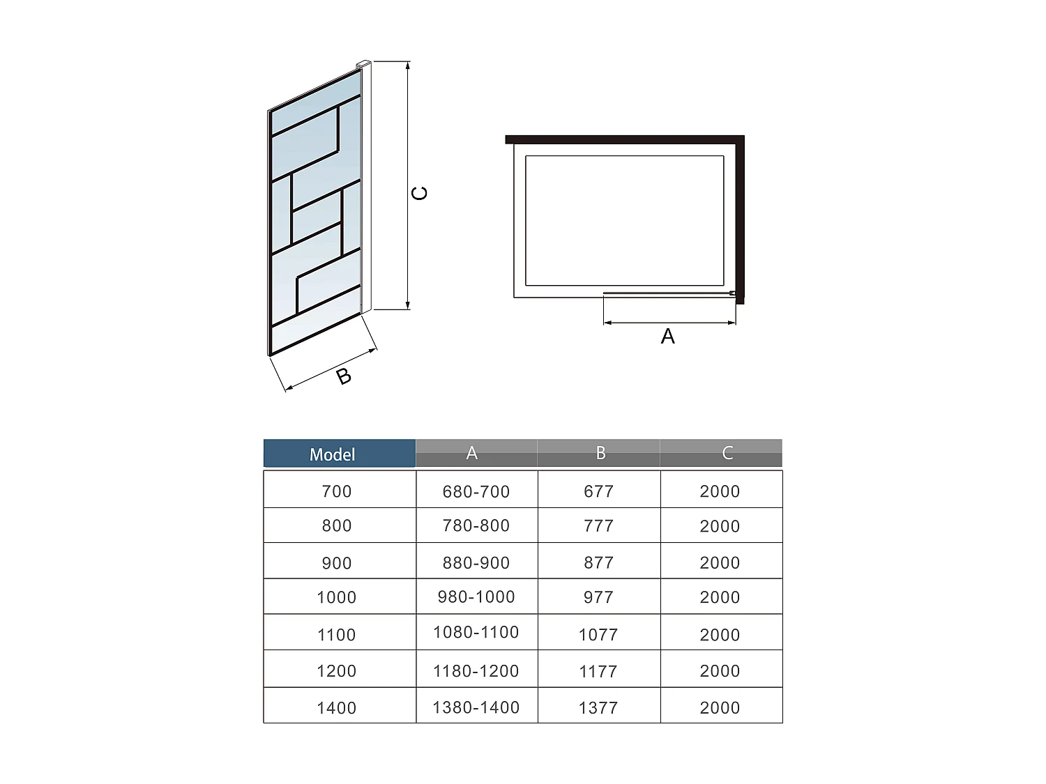 Douchewand-Inloopdouche 80x200cm 8mm NANO Easyclean zwart raster gezeefdrukt gehard glas mat zwart profiel zonder stabilisatiestang