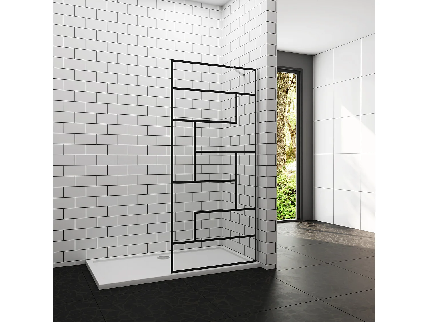Douchewand-Inloopdouche 90x200cm 8mm NANO Easyclean zwart raster gezeefdrukt gehard glas glanzend chroom profiel 50cm stabilisatiestang(draaibaar).