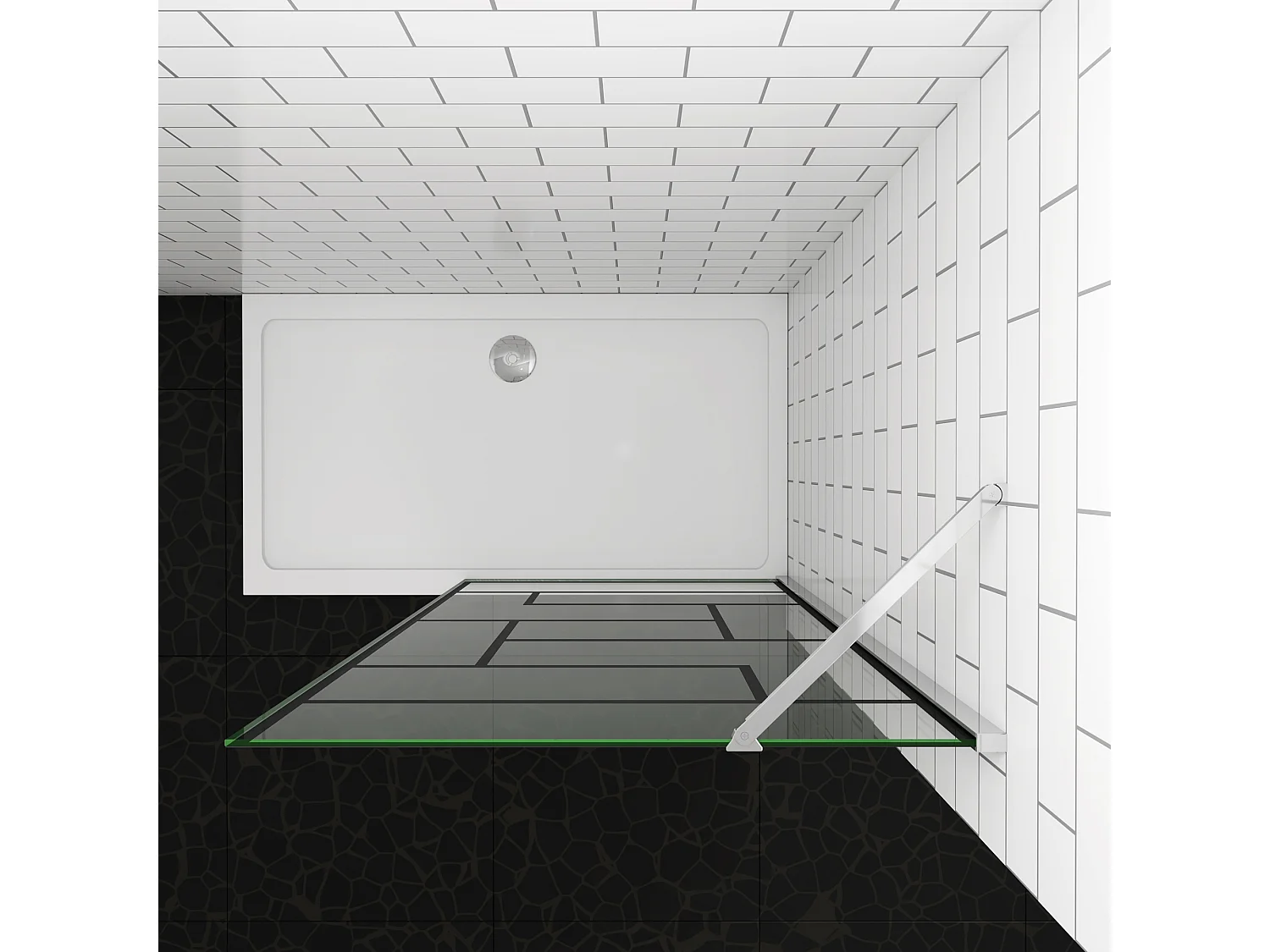 Douchewand-Inloopdouche 90x200cm 8mm NANO Easyclean zwart raster gezeefdrukt gehard glas glanzend chroom profiel 50cm stabilisatiestang(draaibaar).