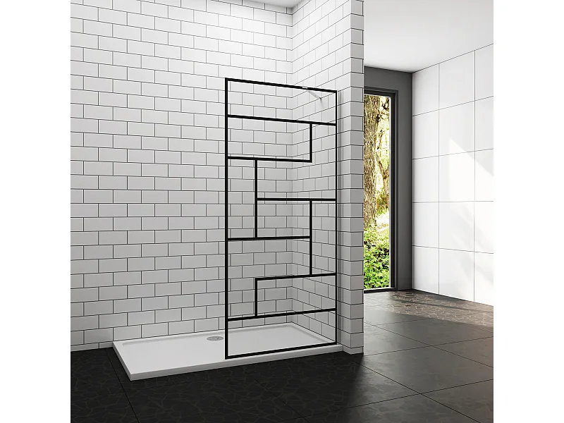 Douchewand-Inloopdouche 90x200cm 8mm NANO Easyclean zwart raster gezeefdrukt gehard glas glanzend chroom profiel 50cm stabilisatiestang(draaibaar).