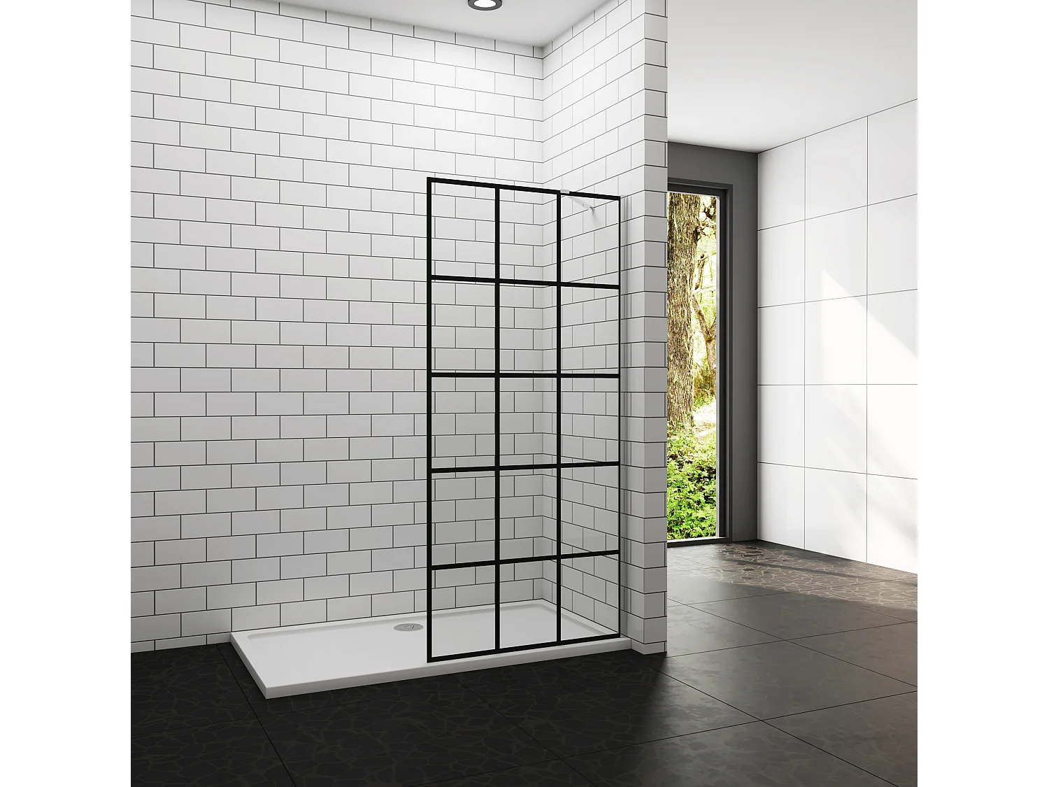Douchewand-Inloopdouche 90x200cm met mat Zwart kader en raster 8mm NANO EasyClean veiligheidsglas Stabilisatiestang 50cm