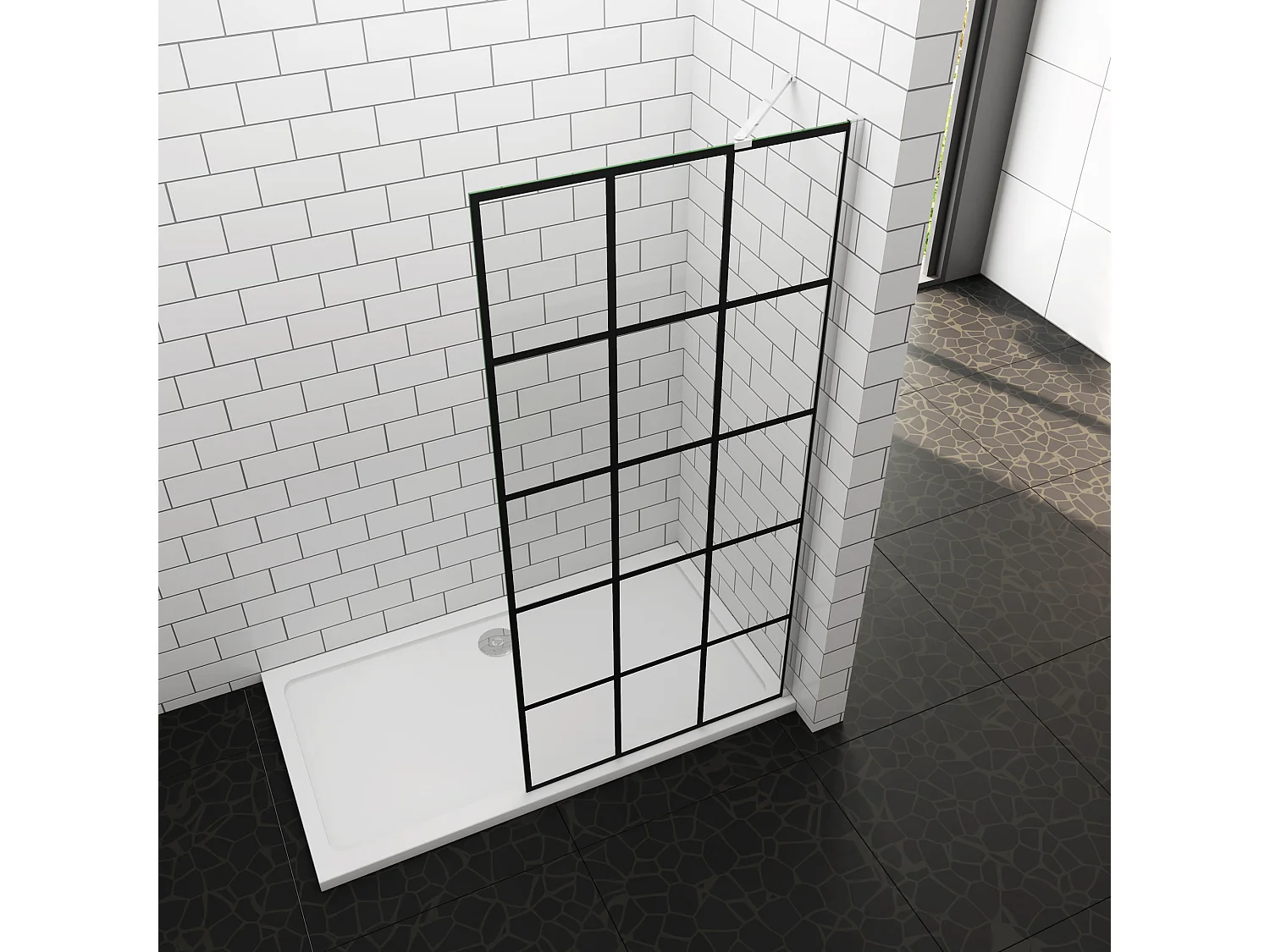 Douchewand-Inloopdouche 90x200cm met mat Zwart kader en raster 8mm NANO EasyClean veiligheidsglas Stabilisatiestang 50cm