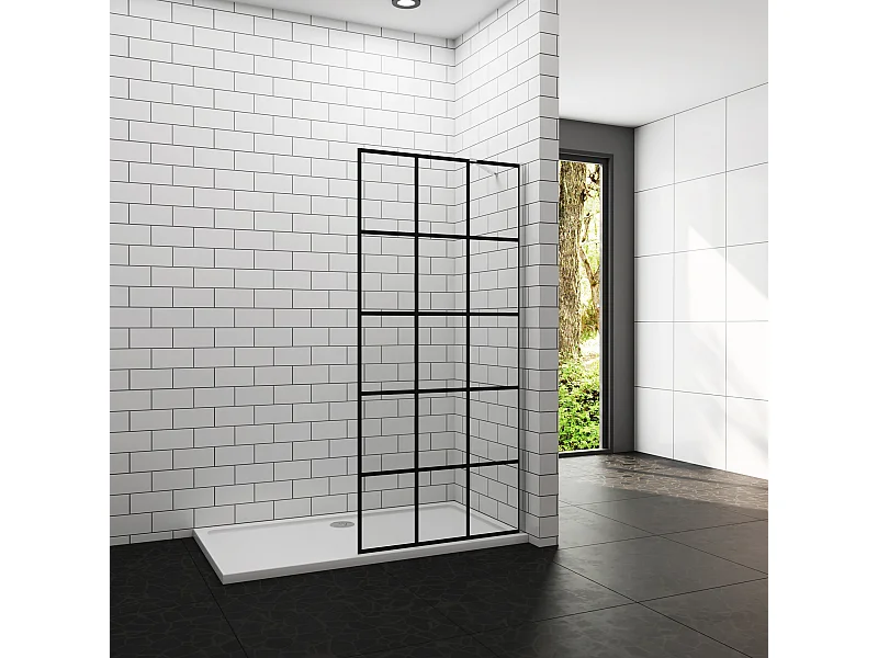 Douchewand-Inloopdouche 90x200cm met mat Zwart kader en raster 8mm NANO EasyClean veiligheidsglas Stabilisatiestang 50cm