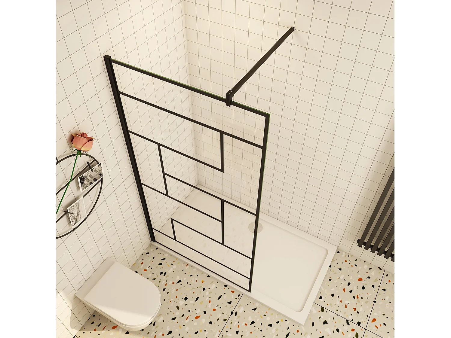 Douchewand-Inloopdouche 120x200cm 8mm NANO Easyclean zwart raster gezeefdrukt glas mat zwart profiel 90cm stabilisatiestang(kan worden gesneden)