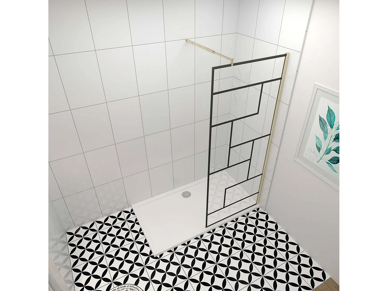 Douchewand-Inloopdouche 140x200cm 8mm NANO Easyclean zwart raster gezeefdrukt gehard glas gouden profiel 70-120cm stabilisatiestang(inkortbaar)